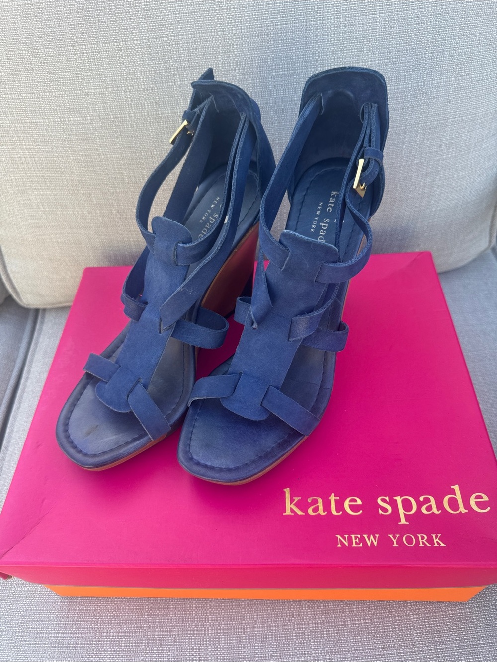 kate spade Navy Suede Strappy Block Heels with Ankle Buckle